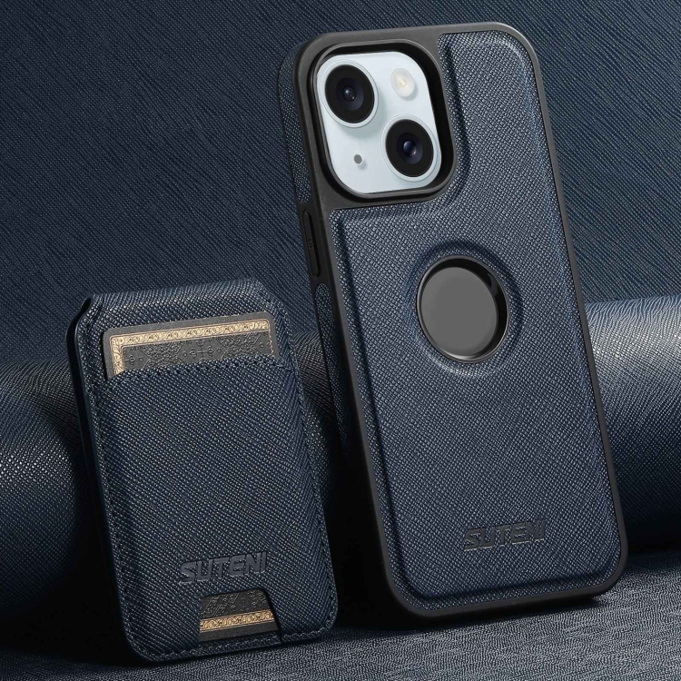 

For iPhone 15 Plus Suteni M2 Cross-Grain MagSafe Vertical Card Back Phone Case(Blue)