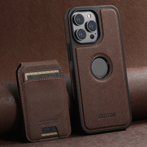 

For iPhone 15 Pro Suteni M2 Cross-Grain MagSafe Vertical Card Back Phone Case(Brown)