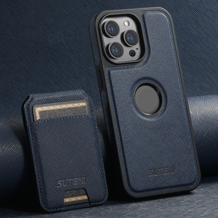 

For iPhone 15 Pro Suteni M2 Cross-Grain MagSafe Vertical Card Back Phone Case(Blue)