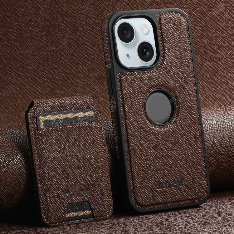 

For iPhone 15 Suteni M2 Cross-Grain MagSafe Vertical Card Back Phone Case(Brown)