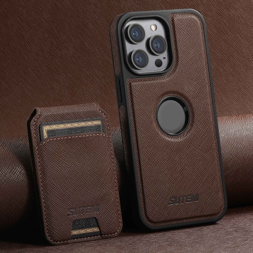 

For iPhone 13 Pro Max Suteni M2 Cross-Grain MagSafe Vertical Card Back Phone Case(Brown)