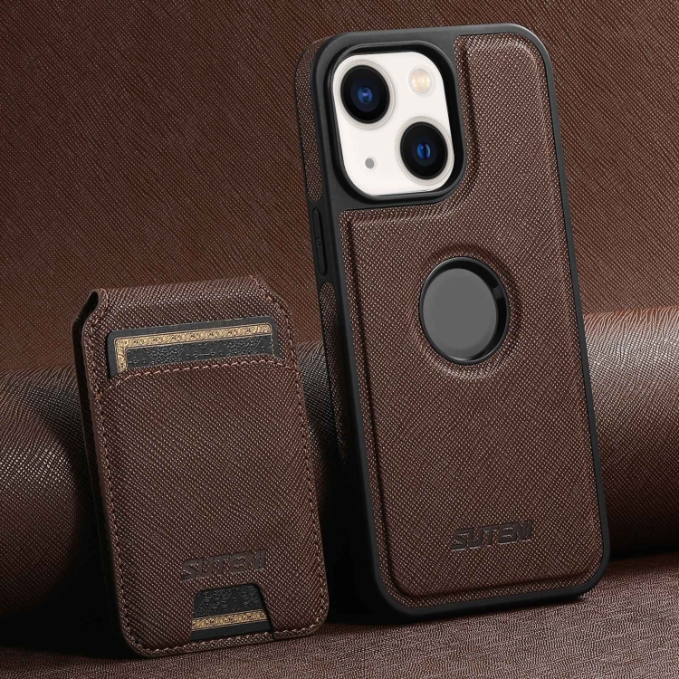 

For iPhone 13 Suteni M2 Cross-Grain MagSafe Vertical Card Back Phone Case(Brown)