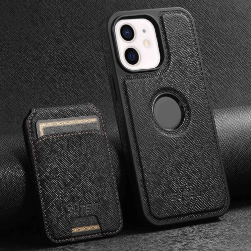 

For iPhone 12 Suteni M2 Cross-Grain MagSafe Vertical Card Back Phone Case(Black)