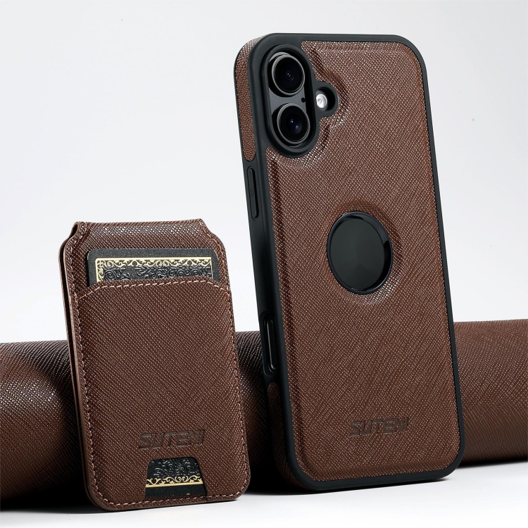 

For iPhone 16 Suteni M2 Cross-Grain MagSafe Vertical Card Back Phone Case(Brown)