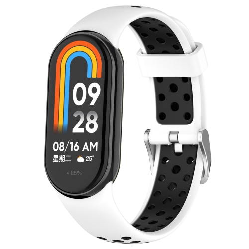 

For Xiaomi Smart Band 9 / 9 NFC Holes Style Metal Connector Two Color Silicone Watch Band(White Black)