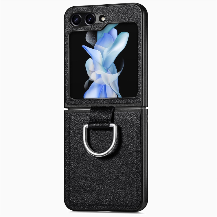 

For Samsung Galaxy Z Flip6 5G Litchi Texture Leather Ring Phone Case(Black)
