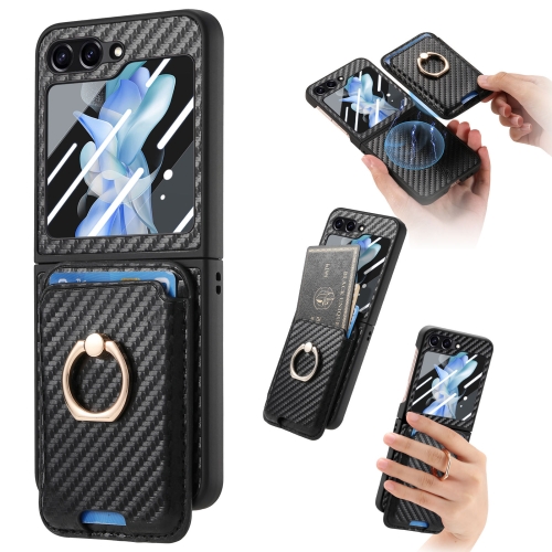 

For Samsung Galaxy Z Flip6 Carbon Fiber Ring Card Bag Magsafe Phone Case(Black)