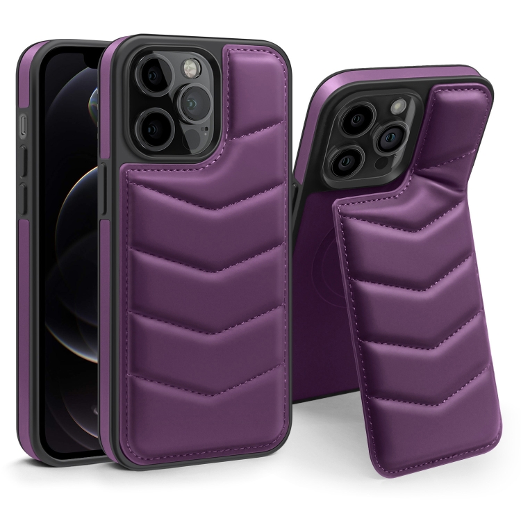 

For iPhone 12 Pro Down Jacket Card Bag Holder MagSafe Phone Case(Purple)
