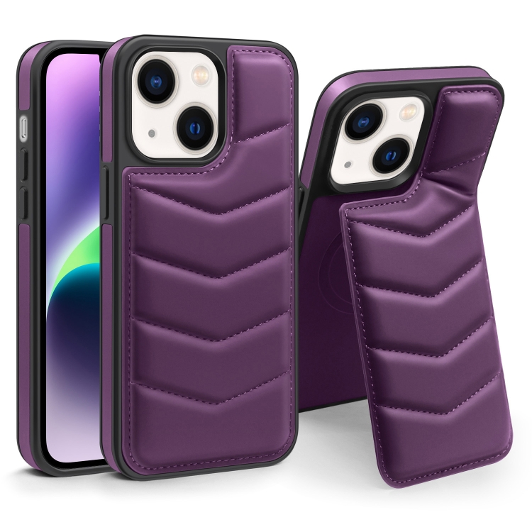 

For iPhone 14 Down Jacket Card Bag Holder MagSafe Phone Case(Purple)
