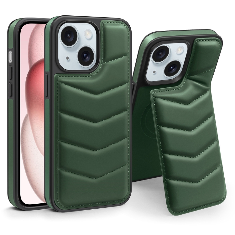 

For iPhone 15 Down Jacket Card Bag Holder MagSafe Phone Case(Dark Green)