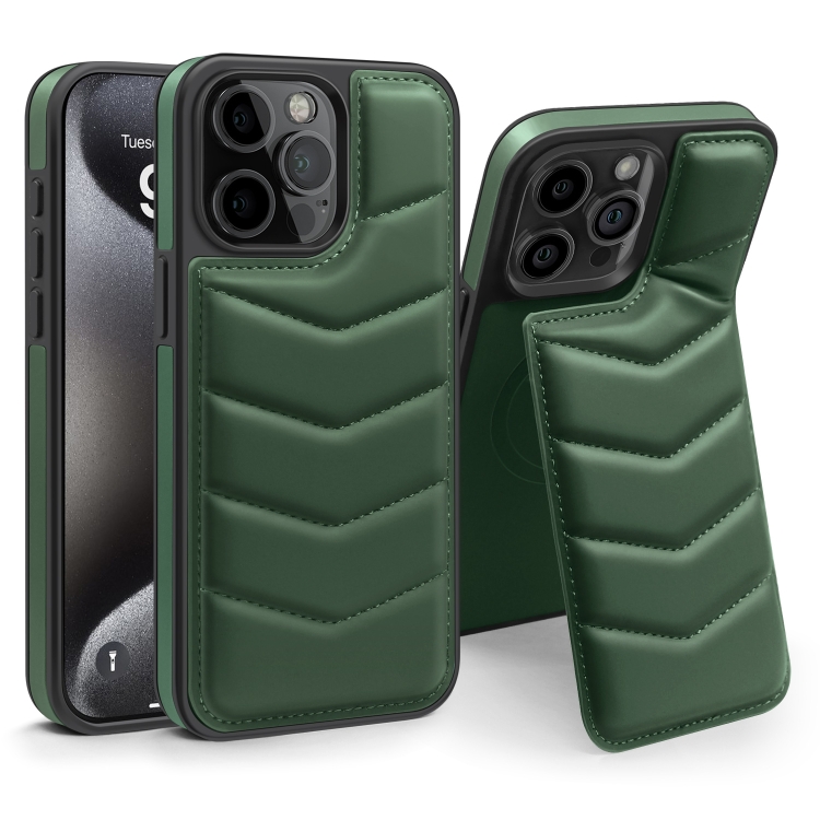 

For iPhone 15 Pro Down Jacket Card Bag Holder MagSafe Phone Case(Dark Green)