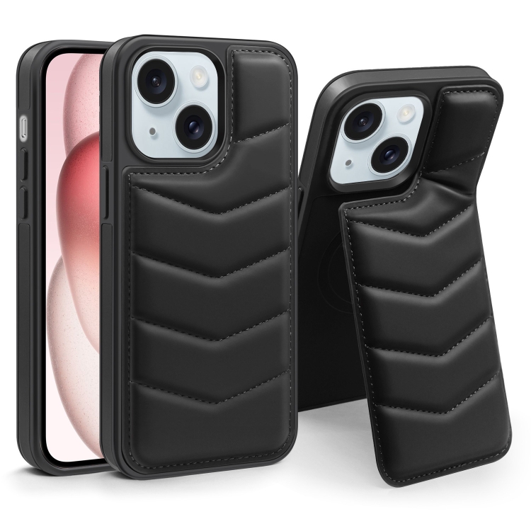 

For iPhone 15 Plus Down Jacket Card Bag Holder MagSafe Phone Case(Black)