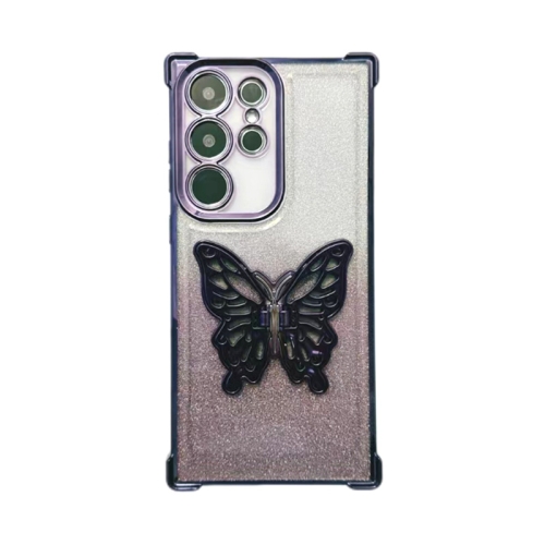 

For Samsung Galaxy S22 Ultra 5G Electroplated Glitter 3D Butterfly Four-corner Shockproof TPU Phone Case(Gradient Purple)