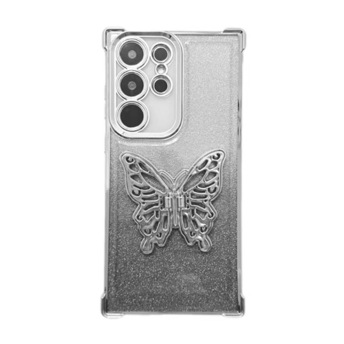 

For Samsung Galaxy S22 Ultra 5G Electroplated Glitter 3D Butterfly Four-corner Shockproof TPU Phone Case(Gradient Silver)