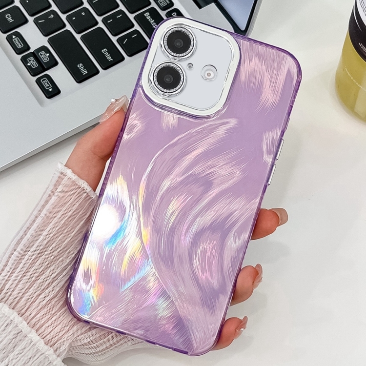 

For iPhone 16 Plus Plating Glitter Texture TPU Phone Case with Lens Film(Purple Feather Yarn)