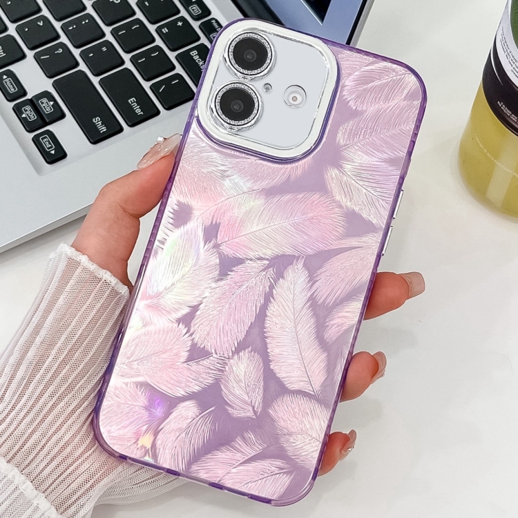 

For iPhone 16 Plating Glitter Texture TPU Phone Case with Lens Film(Purple Feathers)