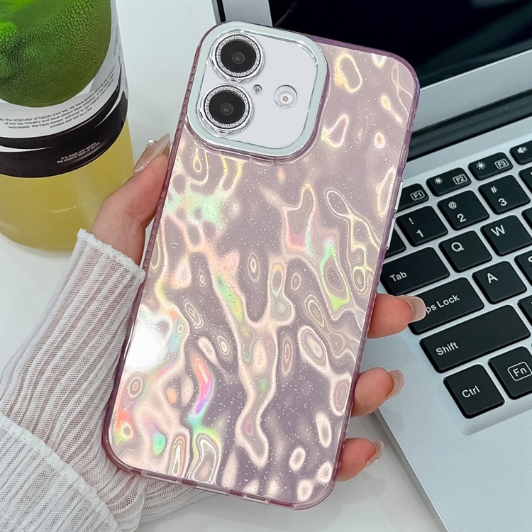 

For iPhone 16 Plating Glitter Texture TPU Phone Case with Lens Film(Pink Wrinkles)