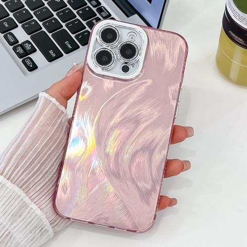 

For iPhone 15 Pro Max Plating Glitter Texture TPU Phone Case with Lens Film(Pink Feather Yarn)
