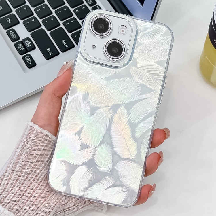 

For iPhone 15 Plating Glitter Texture TPU Phone Case with Lens Film(White Feathers)