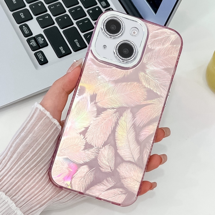 

For iPhone 15 Plating Glitter Texture TPU Phone Case with Lens Film(Pink Feathers)