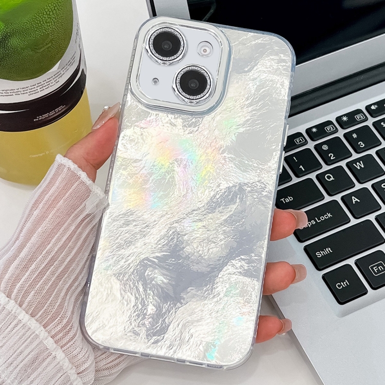 

For iPhone 15 Plating Glitter Texture TPU Phone Case with Lens Film(White Tinfoil Texture)