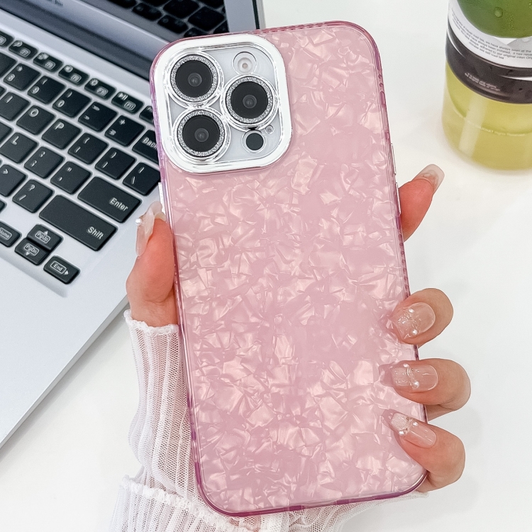 

For iPhone 15 Pro Max Plating Glitter Texture TPU Phone Case with Lens Film(Pink Shell Pattern)