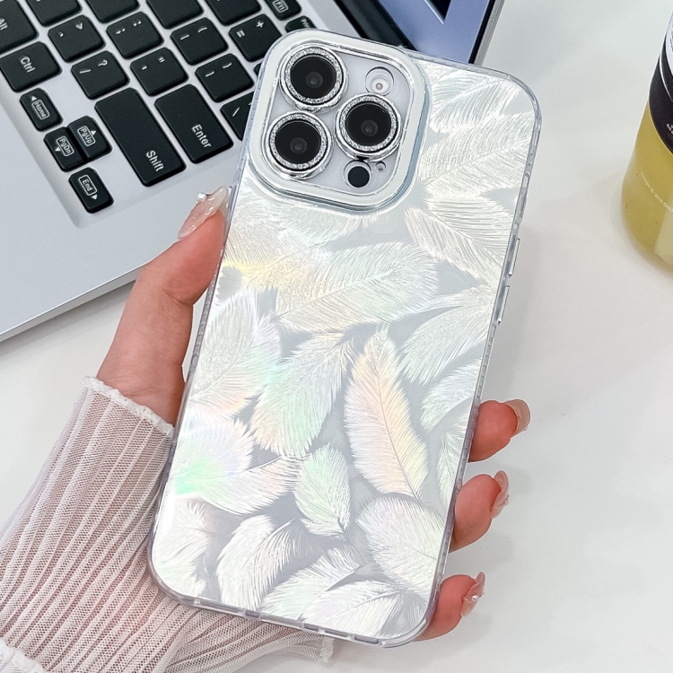 

For iPhone 14 Pro Plating Glitter Texture TPU Phone Case with Lens Film(White Feathers)