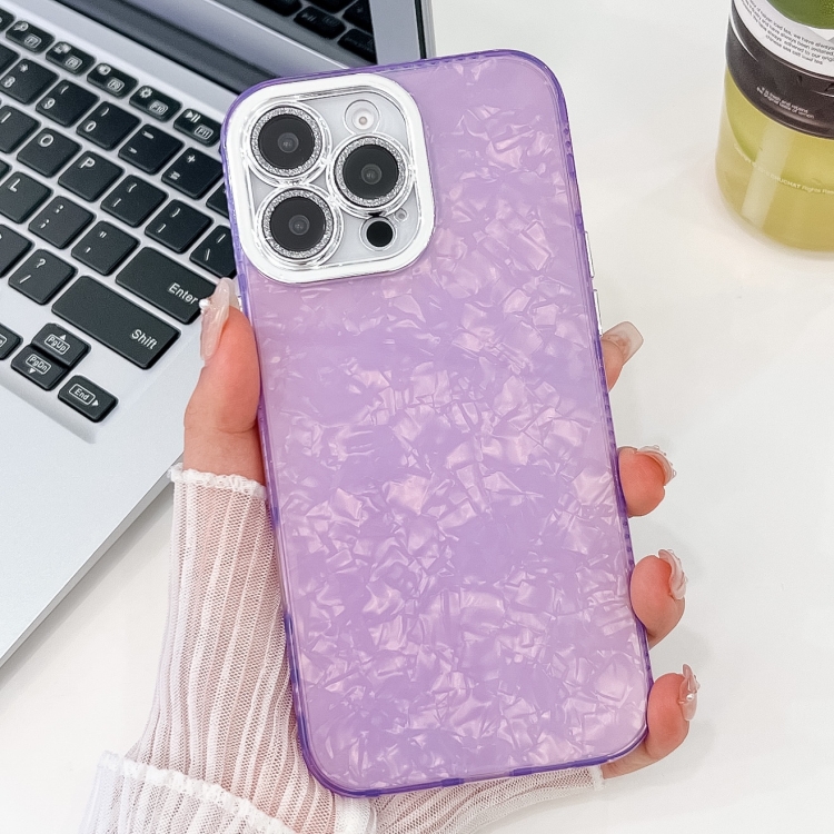 

For iPhone 16 Pro Plating Glitter Texture TPU Phone Case with Lens Film(Purple Shell Pattern)