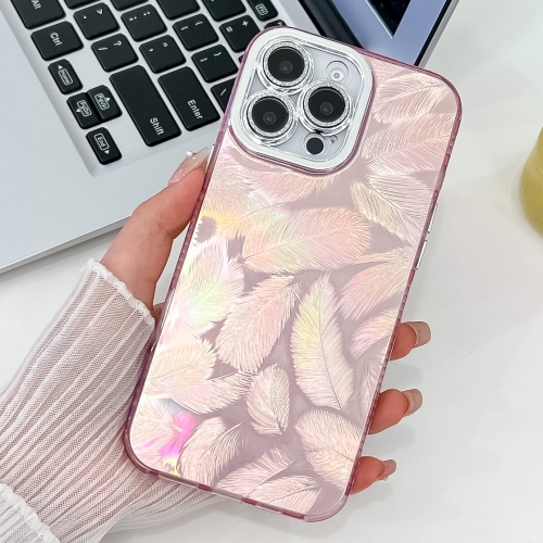 

For iPhone 13 Pro Plating Glitter Texture TPU Phone Case with Lens Film(Pink Feathers)