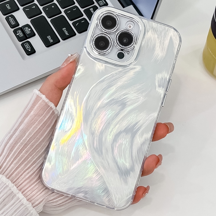 

For iPhone 13 Pro Plating Glitter Texture TPU Phone Case with Lens Film(White Feather Yarn)