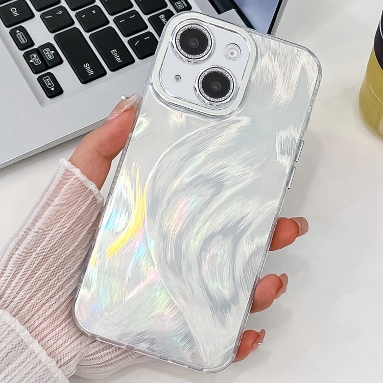 

For iPhone 13 Plating Glitter Texture TPU Phone Case with Lens Film(White Feather Yarn)