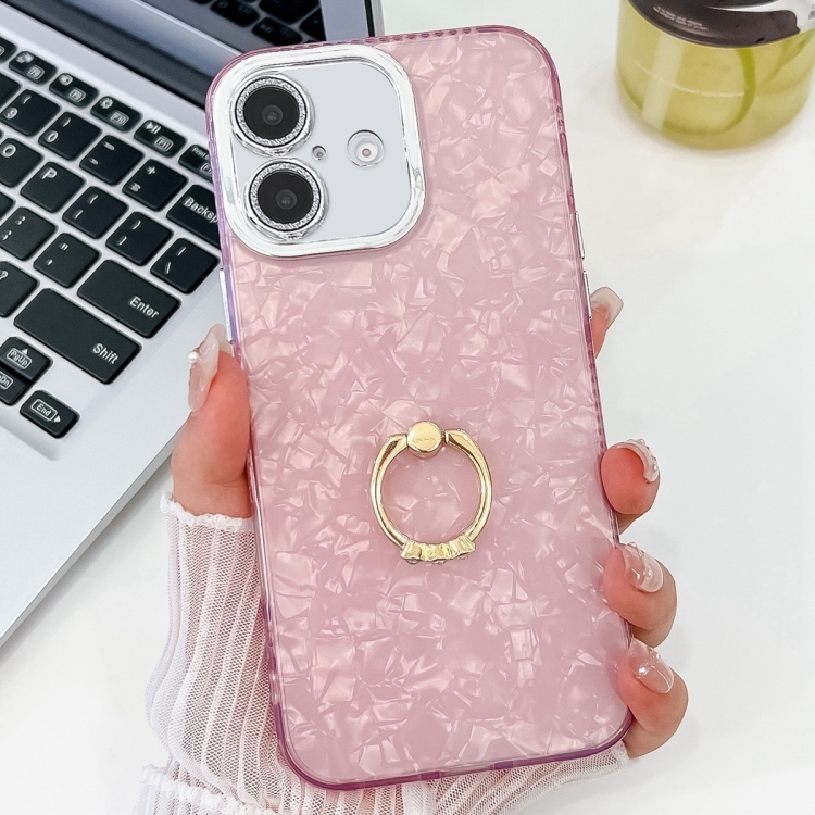 

For iPhone 16 Plating Glitter Texture Ring Holder TPU Phone Case with Lens Film(Pink Shell Pattern)