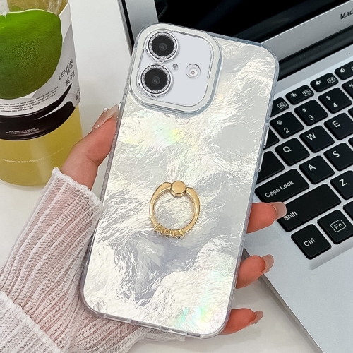 

For iPhone 16 Plating Glitter Texture Ring Holder TPU Phone Case with Lens Film(White Tinfoil Texture)