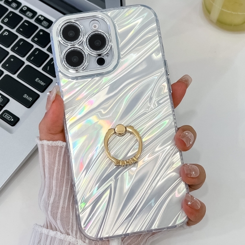 

For iPhone 15 Pro Max Plating Glitter Texture Ring Holder TPU Phone Case with Lens Film(White Water Ripples)