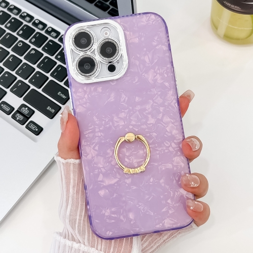 

For iPhone 15 Pro Max Plating Glitter Texture Ring Holder TPU Phone Case with Lens Film(Purple Shell Pattern)