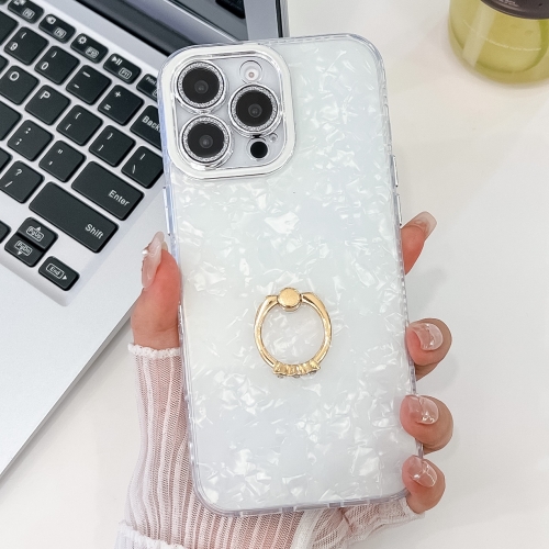 

For iPhone 15 Pro Plating Glitter Texture Ring Holder TPU Phone Case with Lens Film(White Shell Grain)