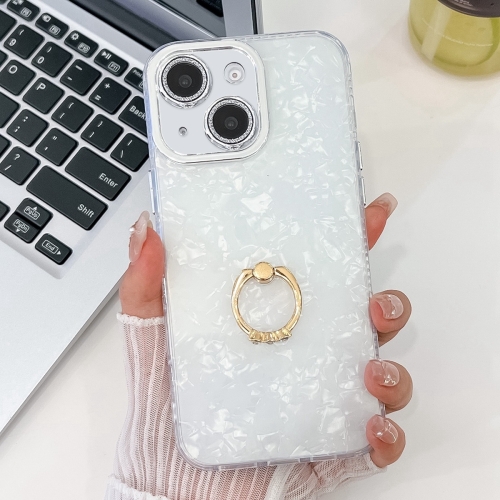 

For iPhone 15 Plating Glitter Texture Ring Holder TPU Phone Case with Lens Film(White Shell Grain)