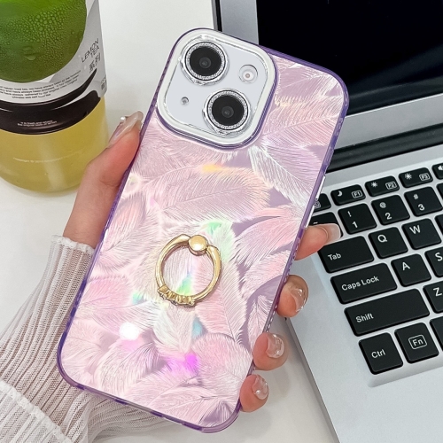 

For iPhone 15 Plating Glitter Texture Ring Holder TPU Phone Case with Lens Film(Purple Feathers)