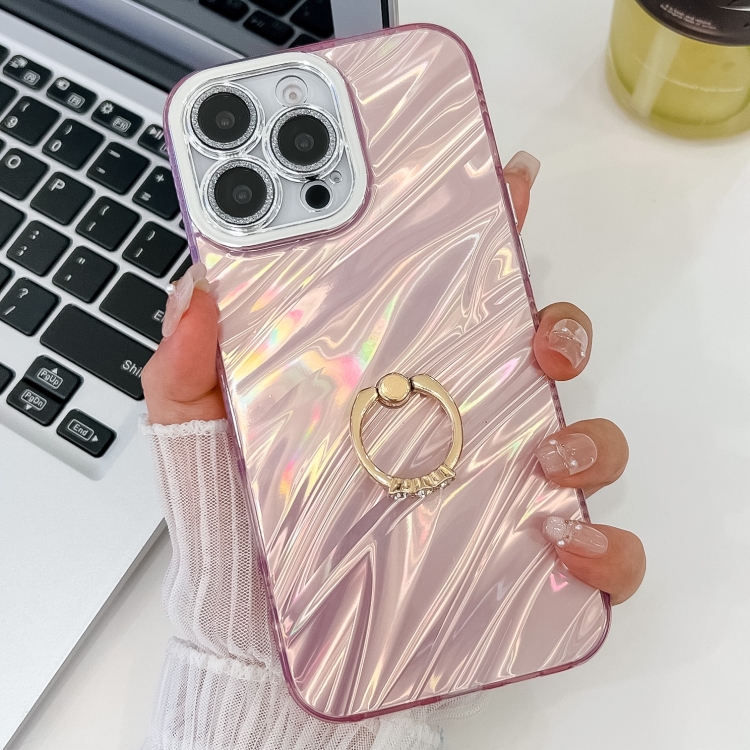 

For iPhone 14 Pro Max Plating Glitter Texture Ring Holder TPU Phone Case with Lens Film(Pink Water Ripples)