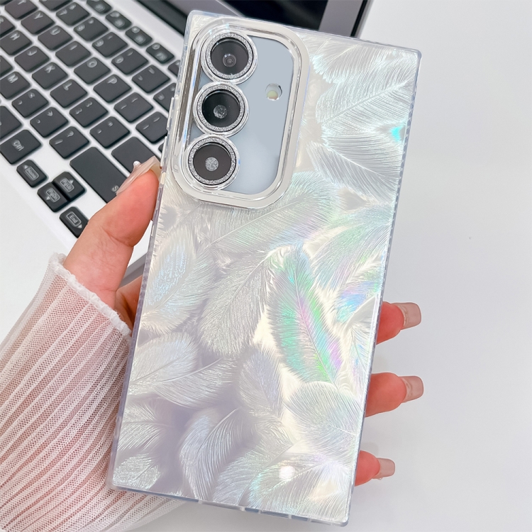 

For Samsung Galaxy S24 FE 5G Plating Glitter Texture TPU Phone Case with Lens Film(White Feathers)