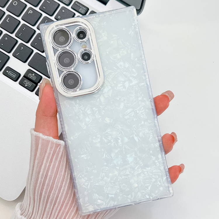 

For Samsung Galaxy S24 FE 5G Plating Glitter Texture TPU Phone Case with Lens Film(White Shell Pattern)