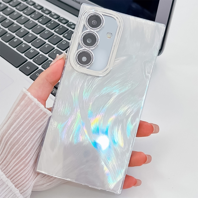 

For Samsung Galaxy S25 5G Plating Glitter Texture TPU Phone Case with Lens Film(White Feather Yarn)