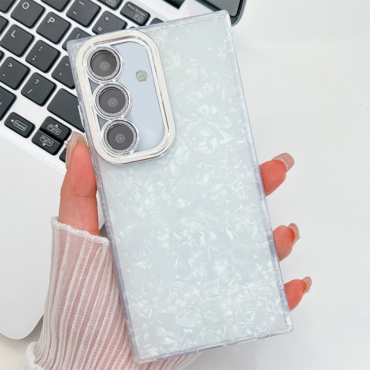 

For Samsung Galaxy S25+ 5G Plating Glitter Texture TPU Phone Case with Lens Film(White Shell Pattern)