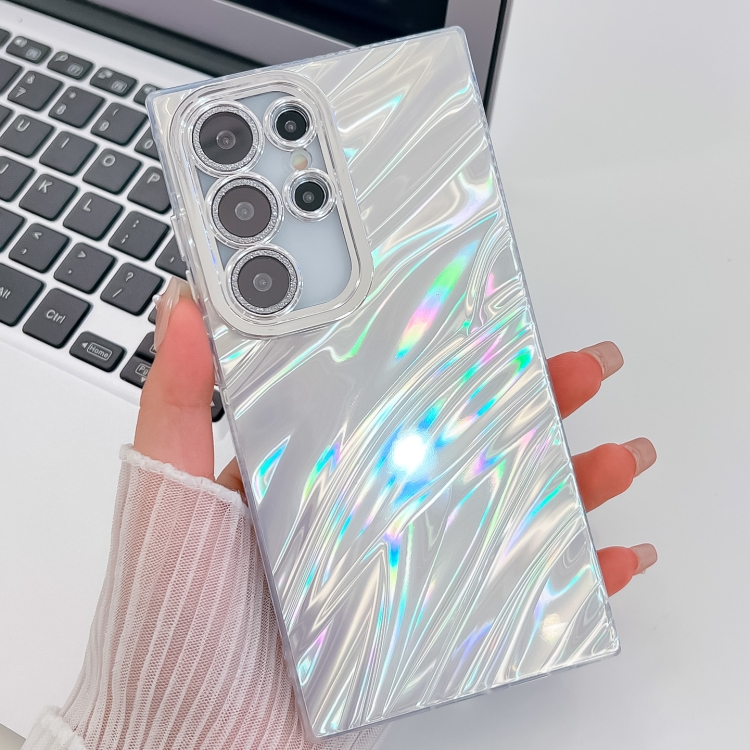 

For Samsung Galaxy S25 Ultra 5G Plating Glitter Texture TPU Phone Case with Lens Film(White Water Ripples)