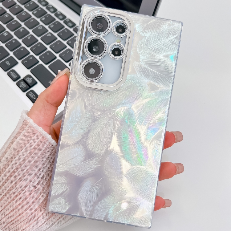 

For Samsung Galaxy S25 Ultra 5G Plating Glitter Texture TPU Phone Case with Lens Film(White Feathers)