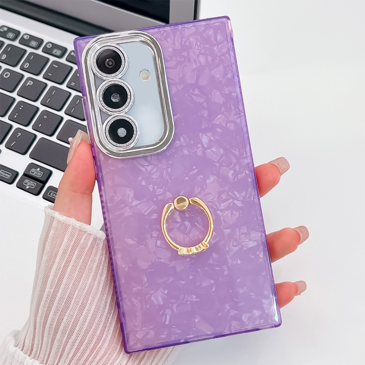 

For Samsung Galaxy S24 FE 5G Plating Glitter Texture Ring Holder TPU Phone Case with Lens Film(Purple Shell Pattern)