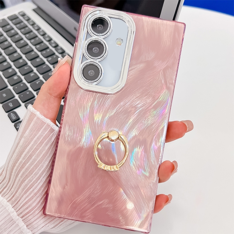 

For Samsung Galaxy S24 FE 5G Plating Glitter Texture Ring Holder TPU Phone Case with Lens Film(Pink Feather Yarn)