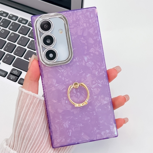 

For Samsung Galaxy S24 5G Plating Glitter Texture Ring Holder TPU Phone Case with Lens Film(Purple Shell Pattern)