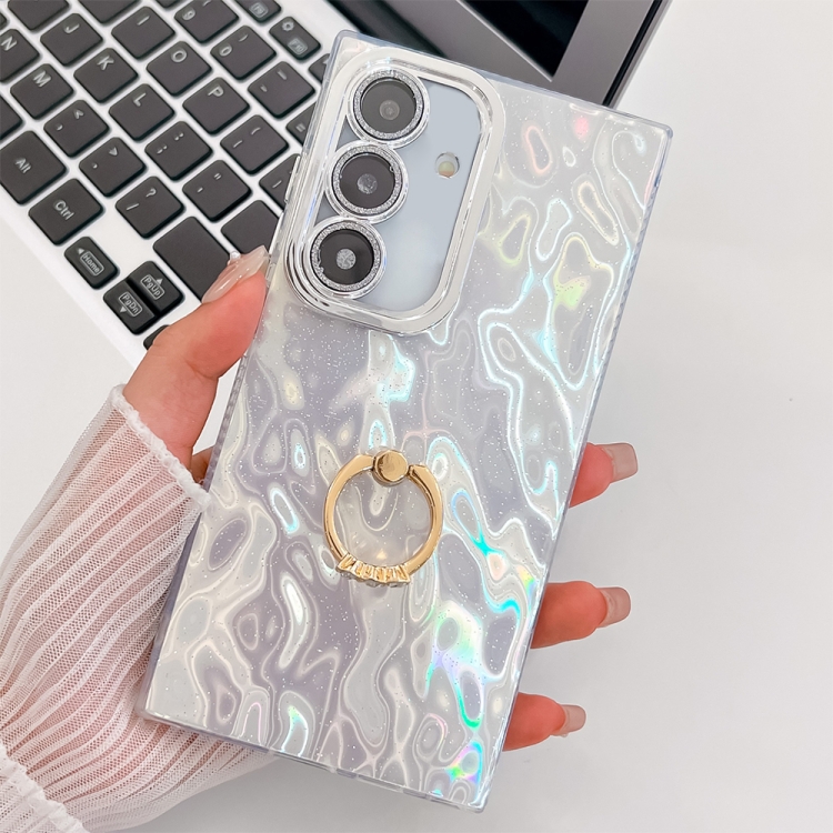 

For Samsung Galaxy S24 5G Plating Glitter Texture Ring Holder TPU Phone Case with Lens Film(White Wrinkles)