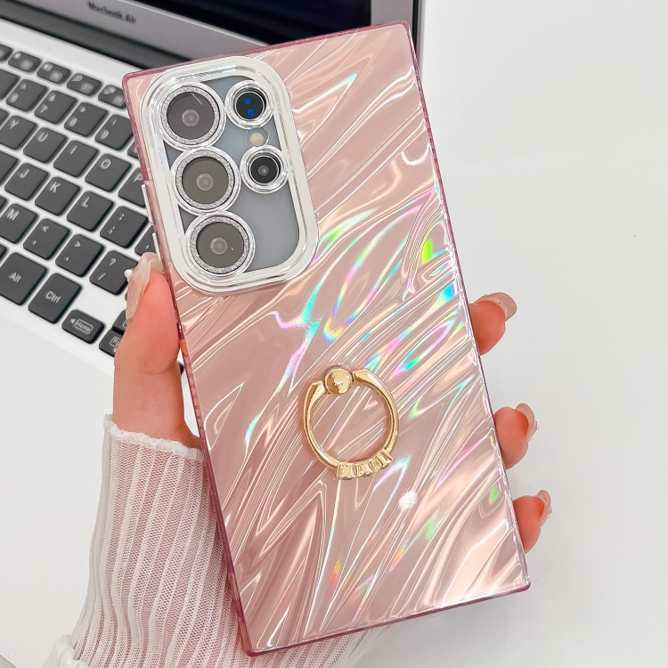 

For Samsung Galaxy S23 Ultra 5G Plating Glitter Texture Ring Holder TPU Phone Case with Lens Film(Pink Water Ripples)